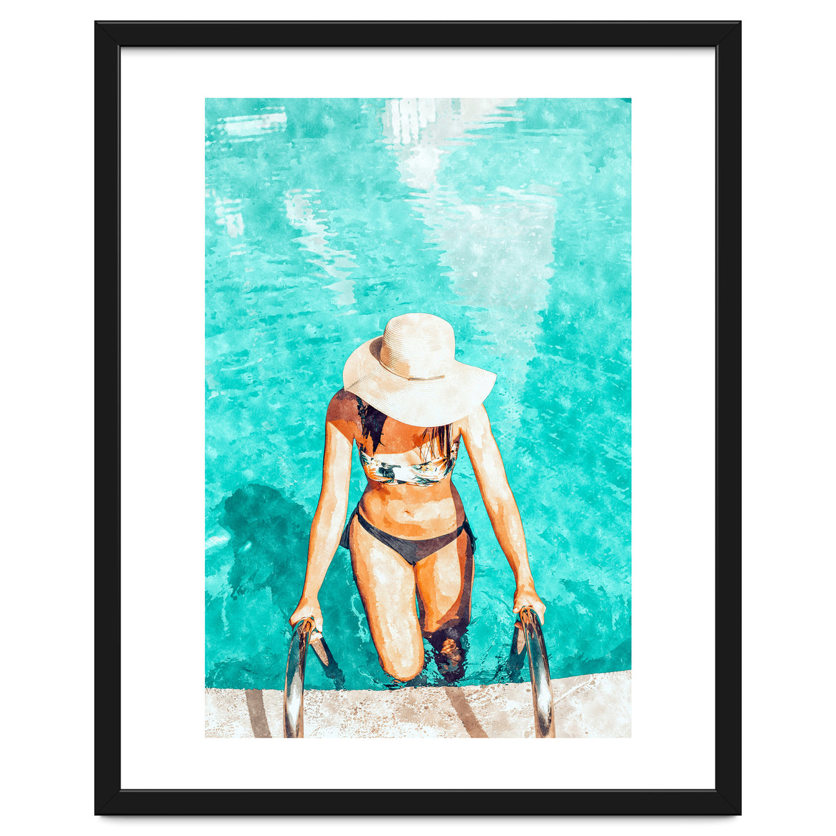 Pool Fashion | Modern Bohemian Woman Swim Watercolor Painting | Contemporary Travel