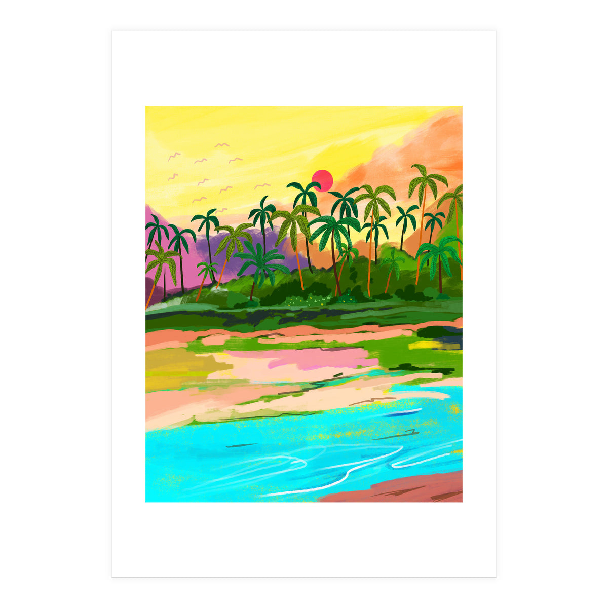 Tropical Backwaters Of Kerala, Nature Jungle Forest Landscape Painting, Dreamy Scenic Travel Lake Palm Bohemian (Print Only)