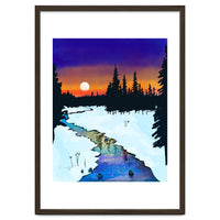 Purple Midnight, Snow River Full Moon Nature Landscape Painting, Winter Travel Adventure Places