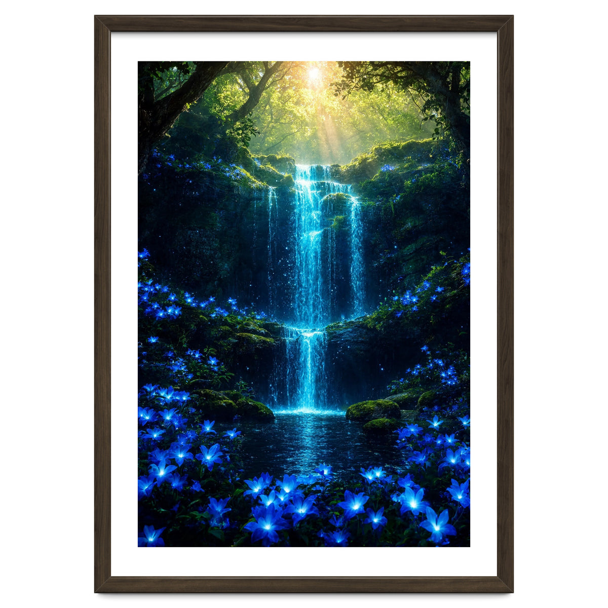 Ethereal Blue Waterfall: Magical Forest Oasis