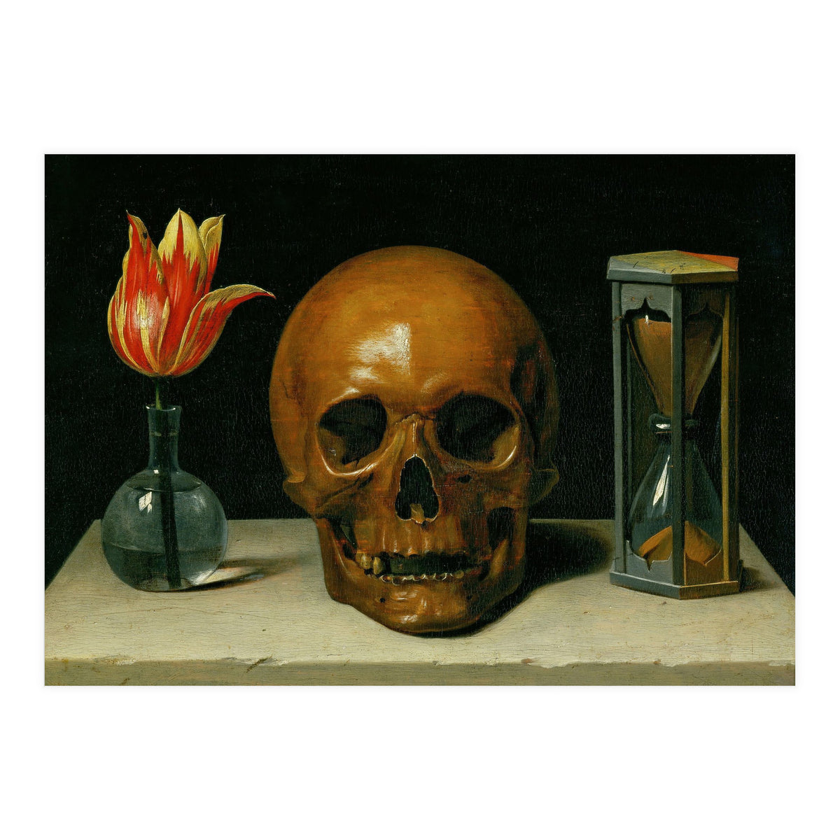 Vanitas, allegory of fleeting time with skull and hour-glass. Oil on canvas. (Print Only)