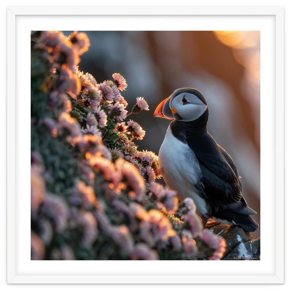 Puffin Bird On Rocks Near Pink Flowers At Sunset