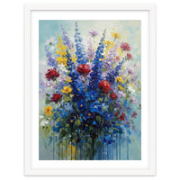 Vibrant Blue Delphinium and Red Rose Heavy Impasto Oil Painting