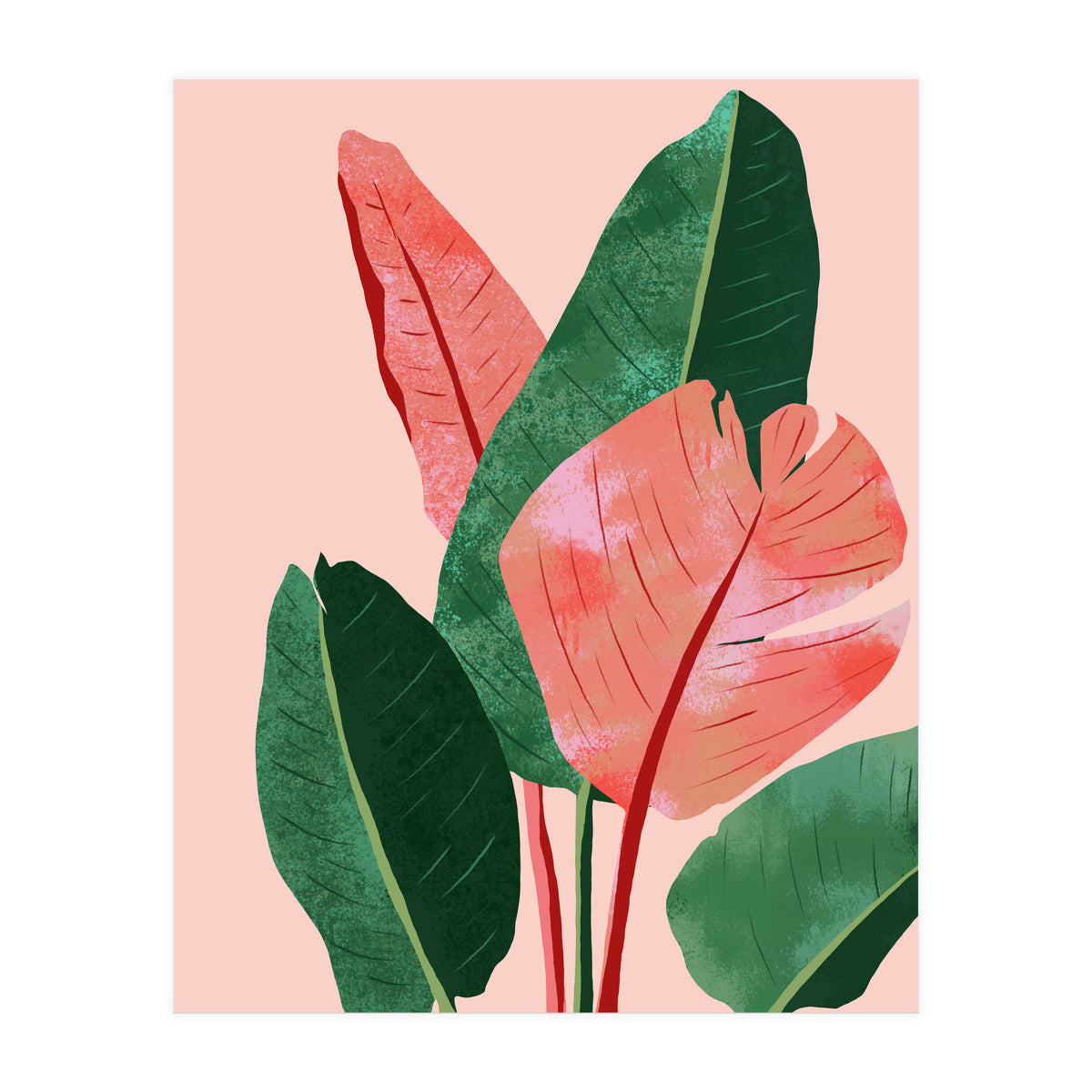 Blush Tropical, Banana Leaves Watercolor Botanical Jungle Painting, Forest Plants Leaves Pink Chic Bohemian (Print Only)