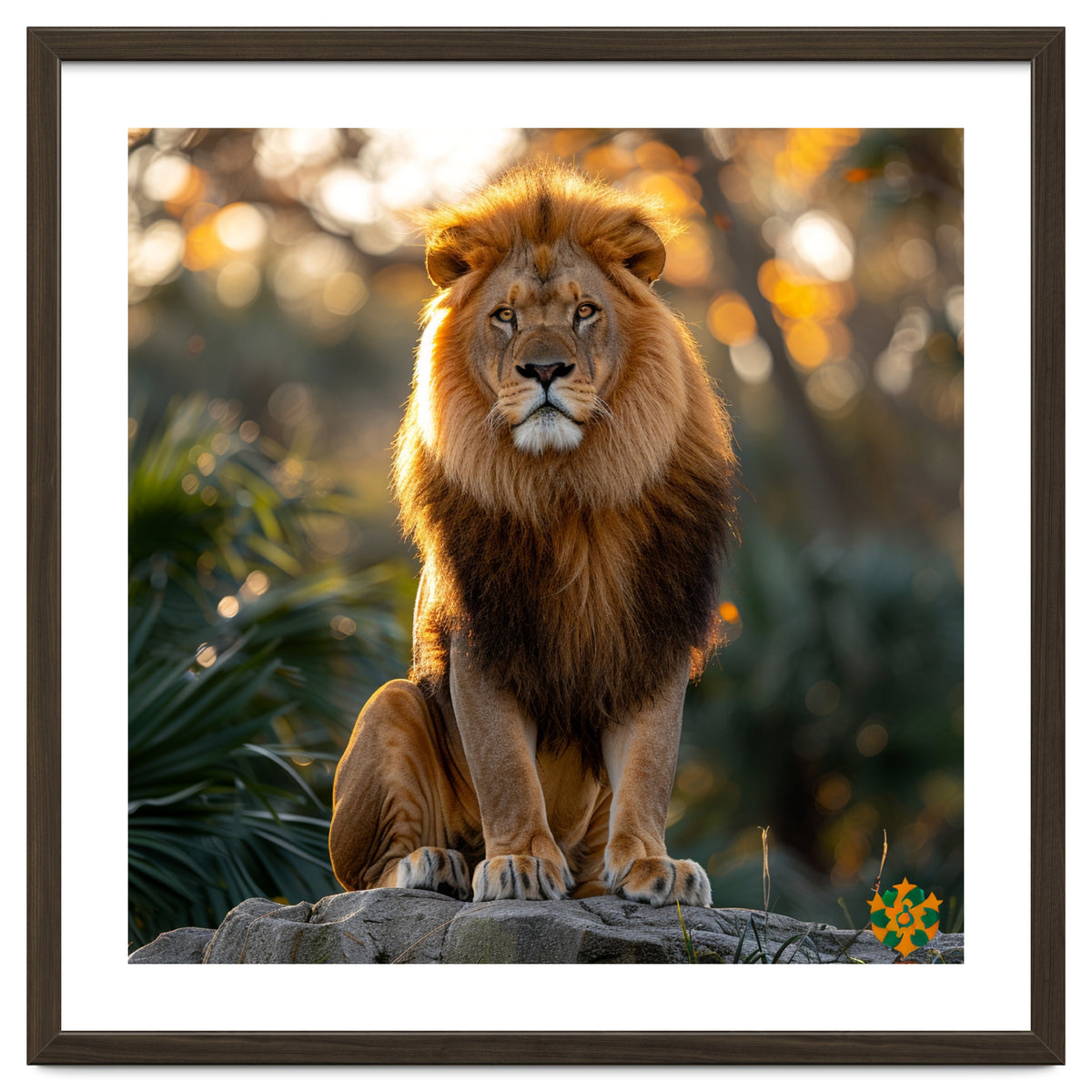 Majestic Lion Sitting On A Rock At Sunset