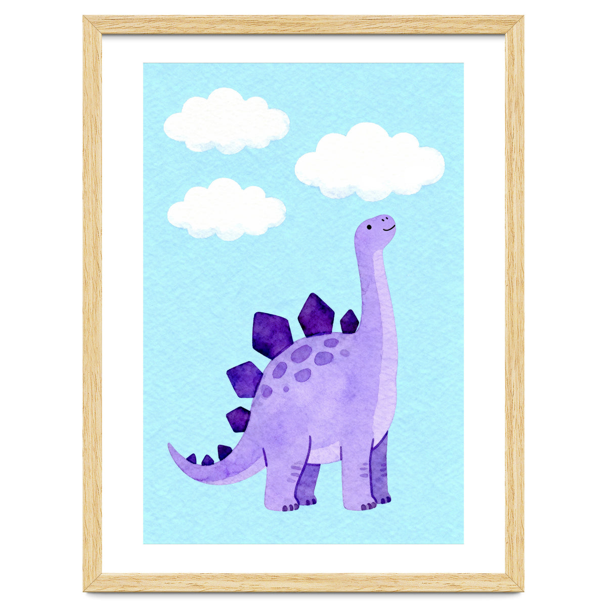 Purple Stegosaurus Watercolor Art, Cute Dinosaur Nursery Print, Dino and Clouds Illustration