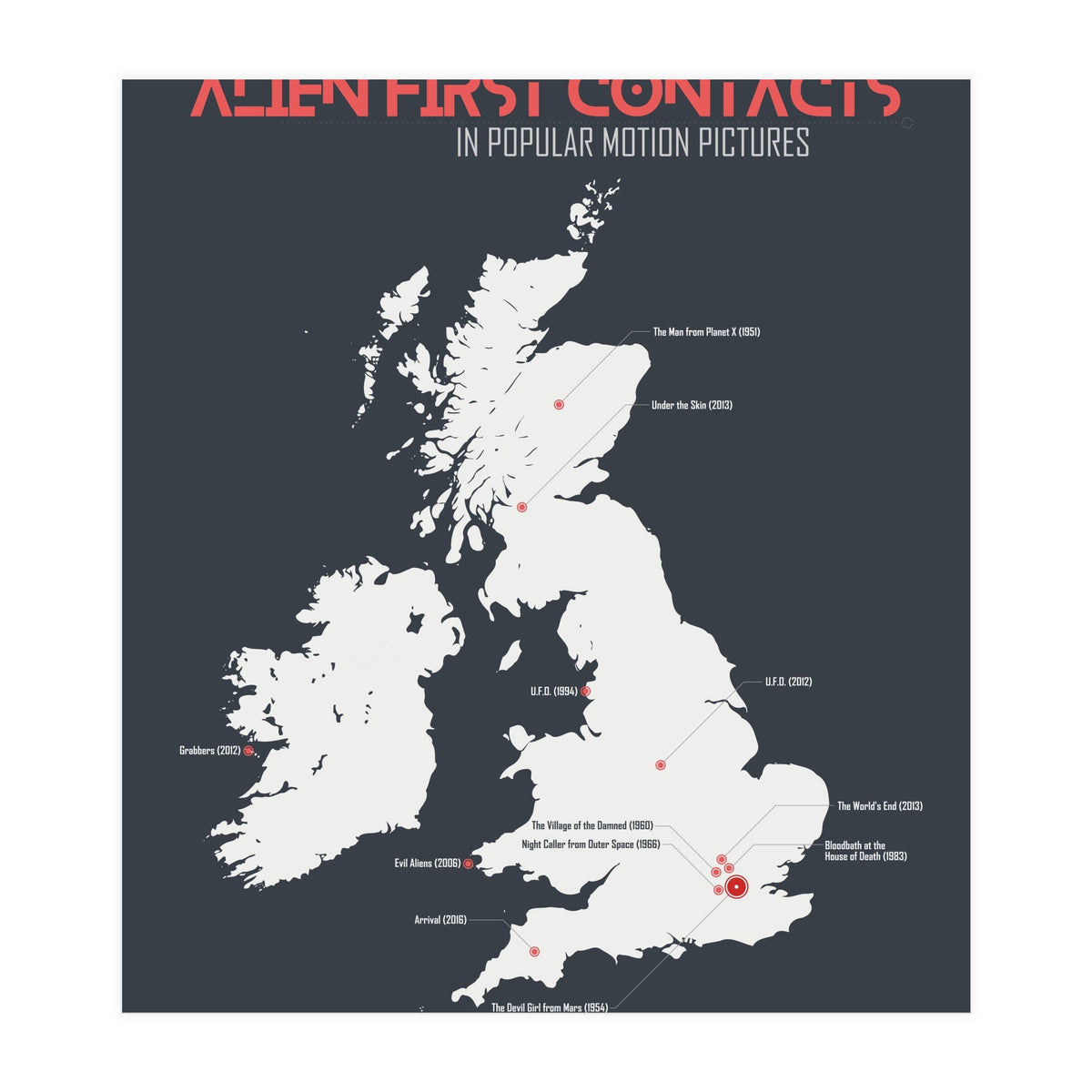 UK & Ireland Map of Alien First Contacts in Movies (Print Only)