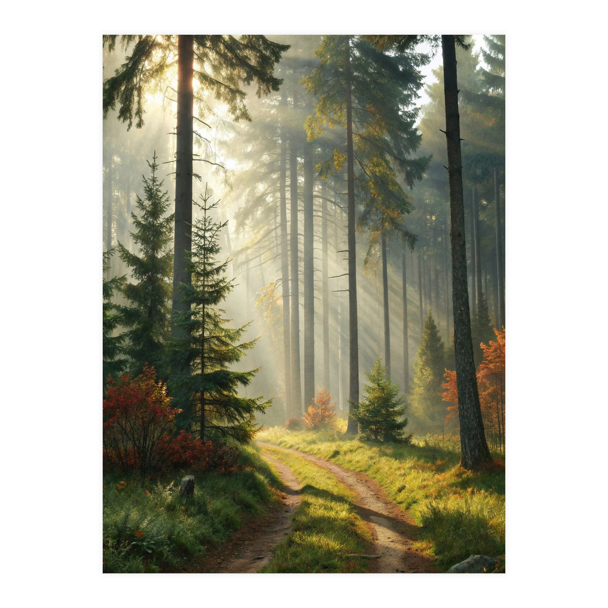 The Golden Path: Ethereal Sunbeams Piercing Through a Misty Evergreen Forest at Dawn (Print Only)
