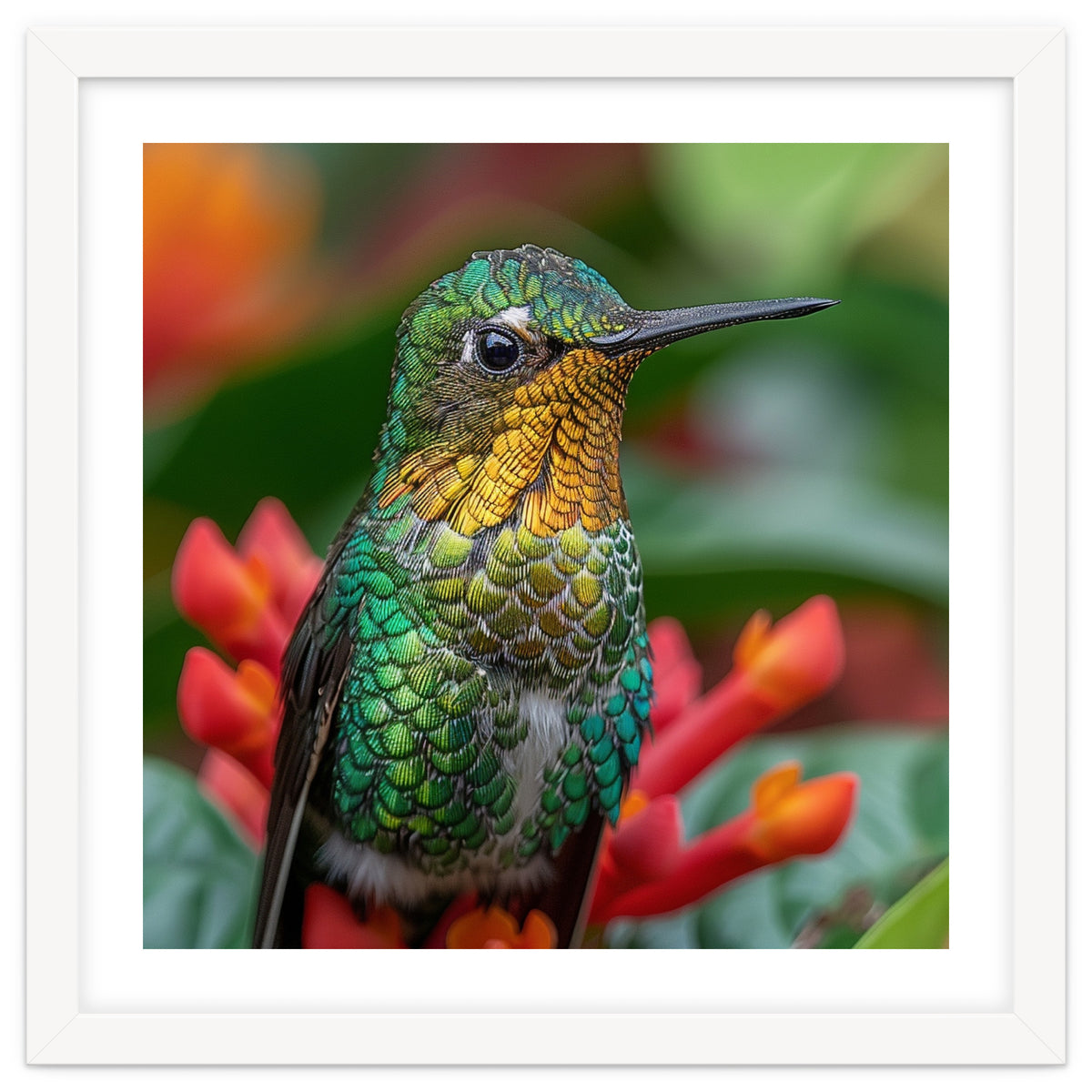 Close Up Of A Hummingbird On Red Flowers