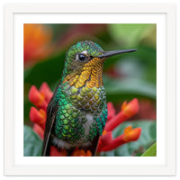 Close Up Of A Hummingbird On Red Flowers