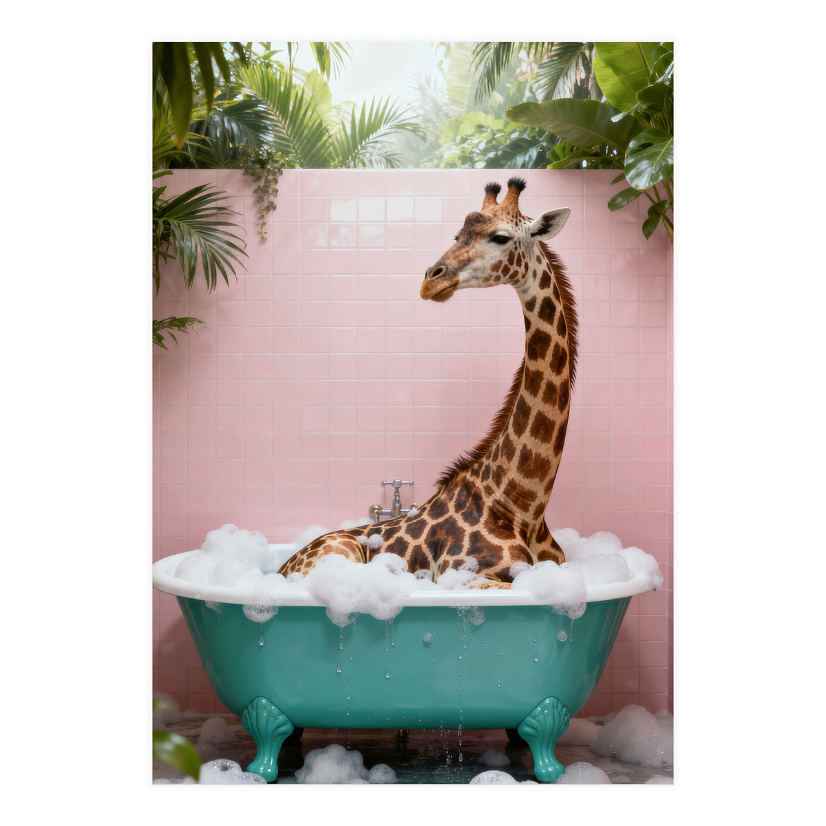 Giraffe in Bathtub, Whimsical Bathroom Art (Print Only)