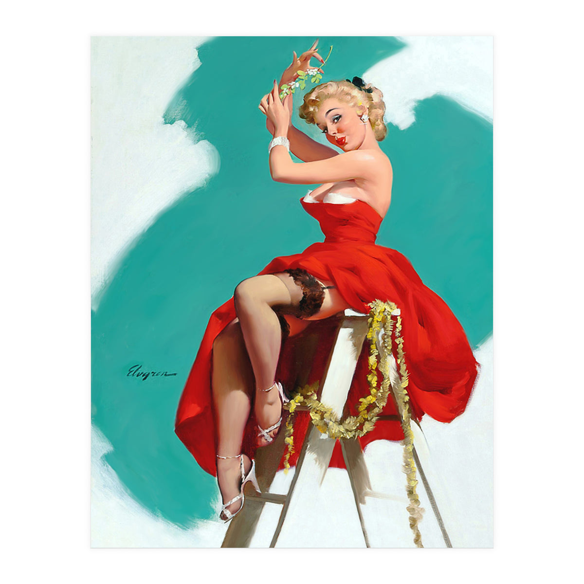 Sexy Pinup Girl In Red Dress Posing On a Ladder (Print Only)