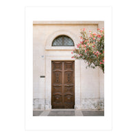 Mediterranean brown wooden door and pink flowers (Print Only)