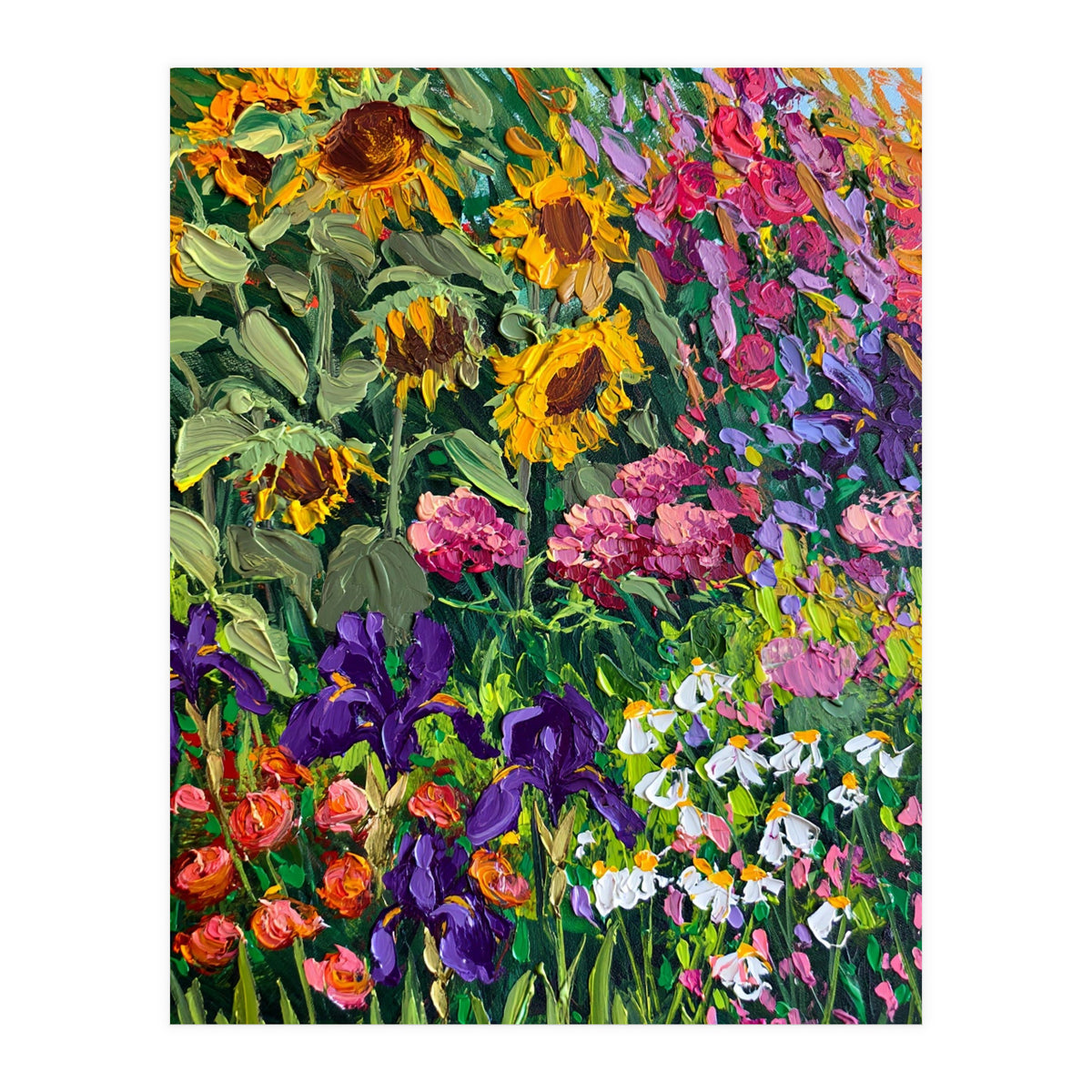 Vibrant Summer Sunflower and Iris Meadow Oil Painting (Print Only)