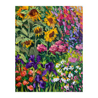 Vibrant Summer Sunflower and Iris Meadow Oil Painting (Print Only)
