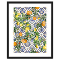 Blue Mediterranean tiles, lemons and oranges fruit