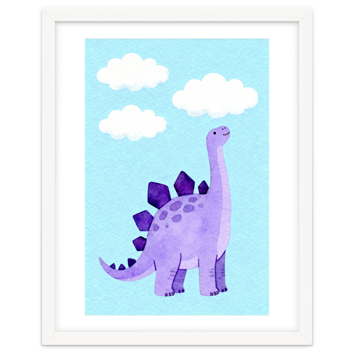 Purple Stegosaurus Watercolor Art, Cute Dinosaur Nursery Print, Dino and Clouds Illustration