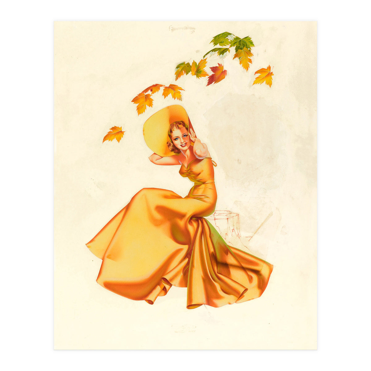 Woman Posing In Yellow Dress And Autumn Leafs (Print Only)
