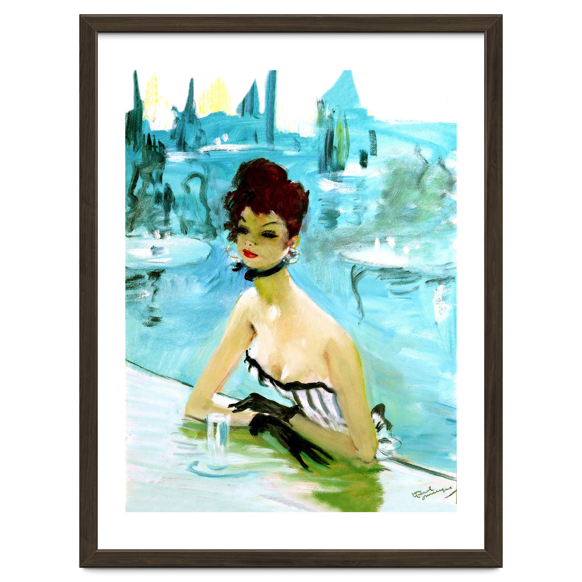 Pinup Girl In Cafe, Watercolor Painting