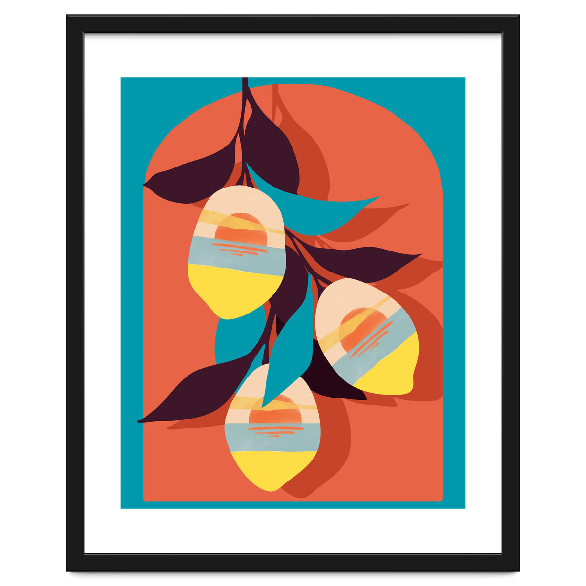 Lemon Sunset, Eclectic Botanical Colorful Bohemian Fruits, Food Pop Of Color Lime Retro