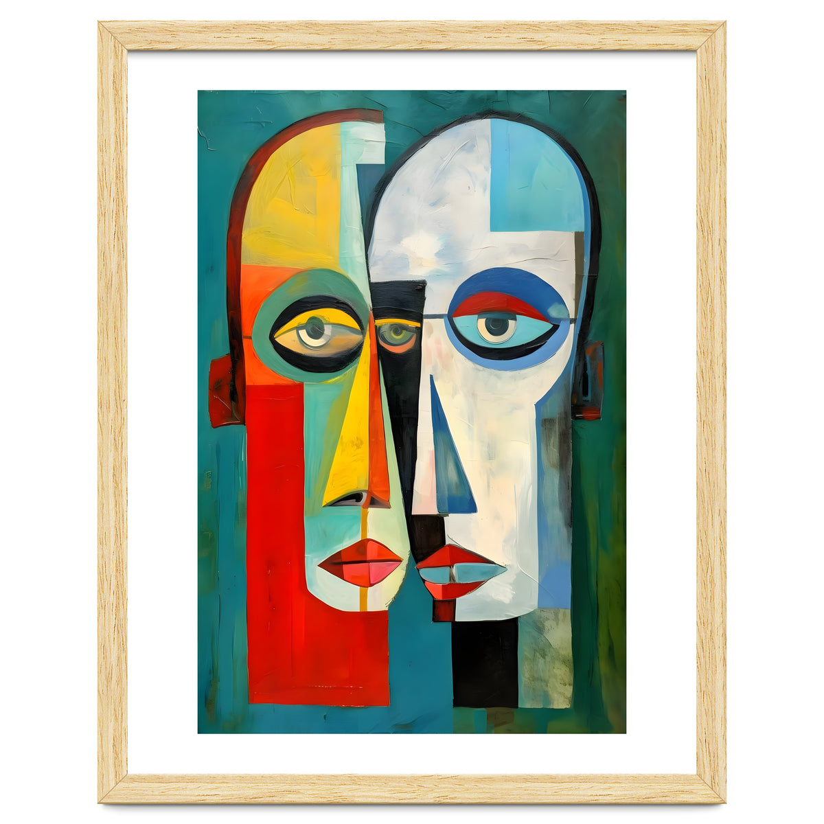 INSEPERABLE #02, Abstract robotic looking heads merged in bright vivid hues with emphasis on the eyes.