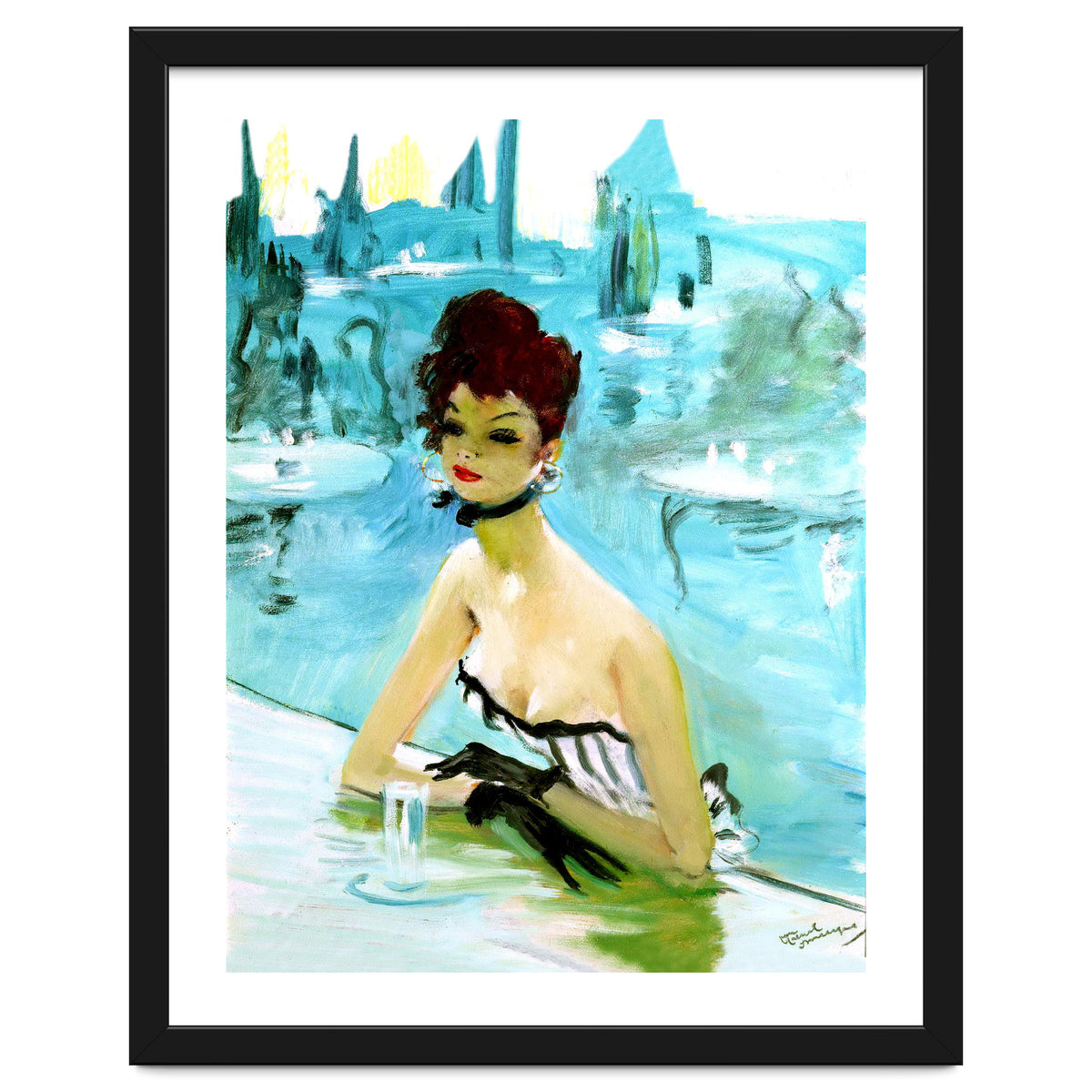 Pinup Girl In Cafe, Watercolor Painting