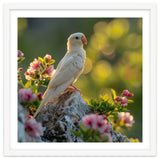 Albino Parrot Perched On A Rock Amongst Flowers thumbnail