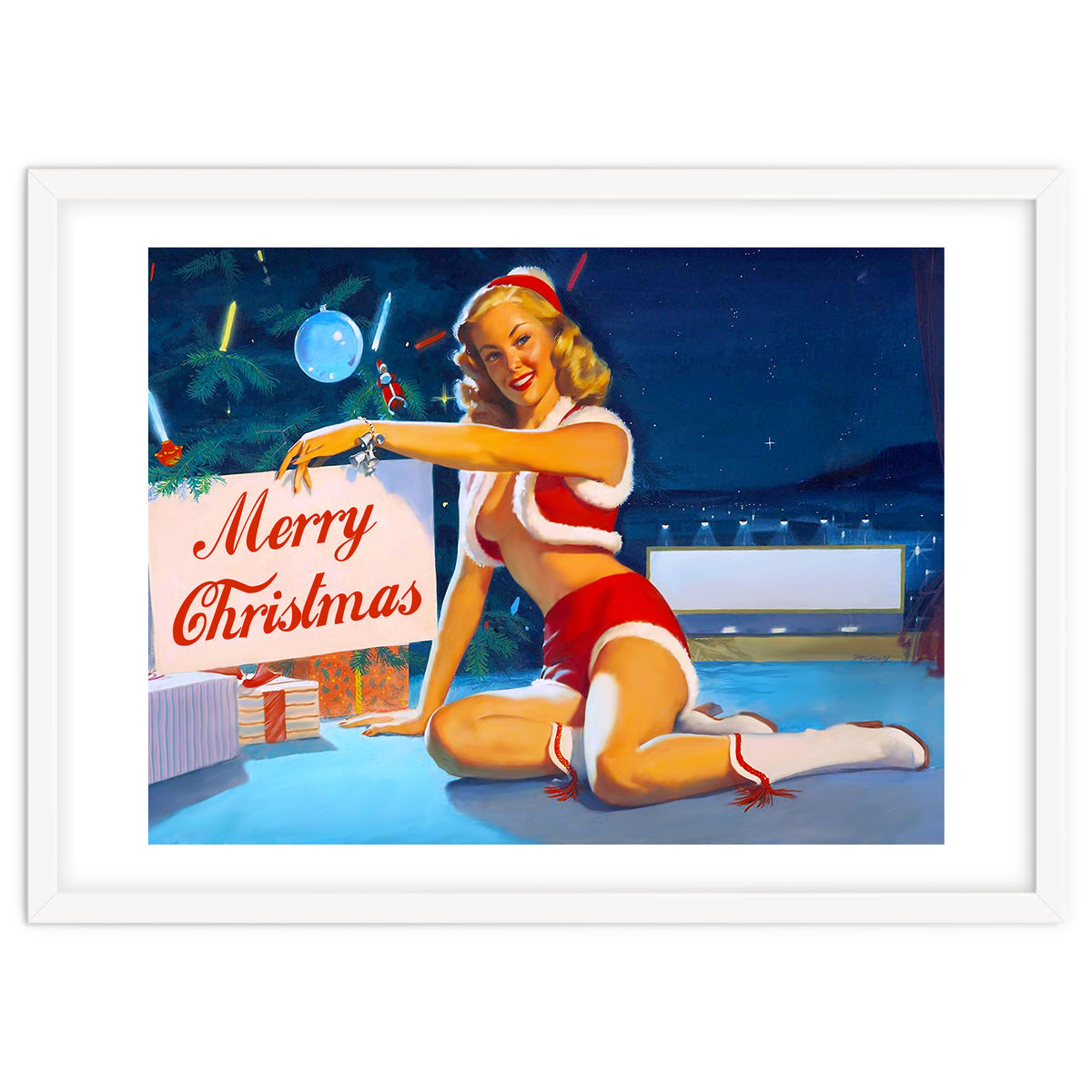 Pinup Girl In Santa Costume With Marry Christmas Sign