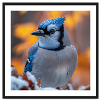 Blue Jay Bird In Winter Snowfall And Leaves