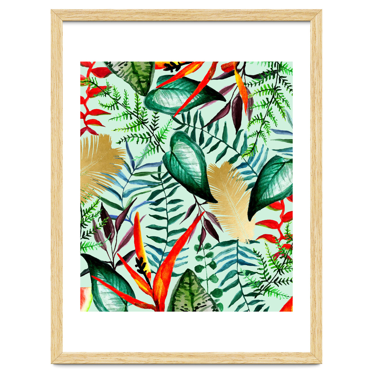Paradise, Tropical Jungle Botanical Bohemian Illustration, Palm Bird of Paradise Gold Painting