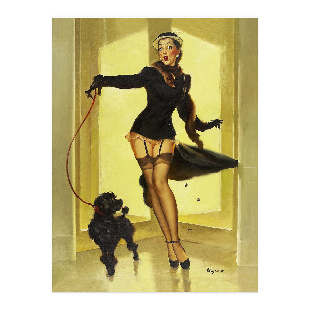 Pinup Girl In Black Dress On A Hall Experiencing Sudden Wind (Print Only)