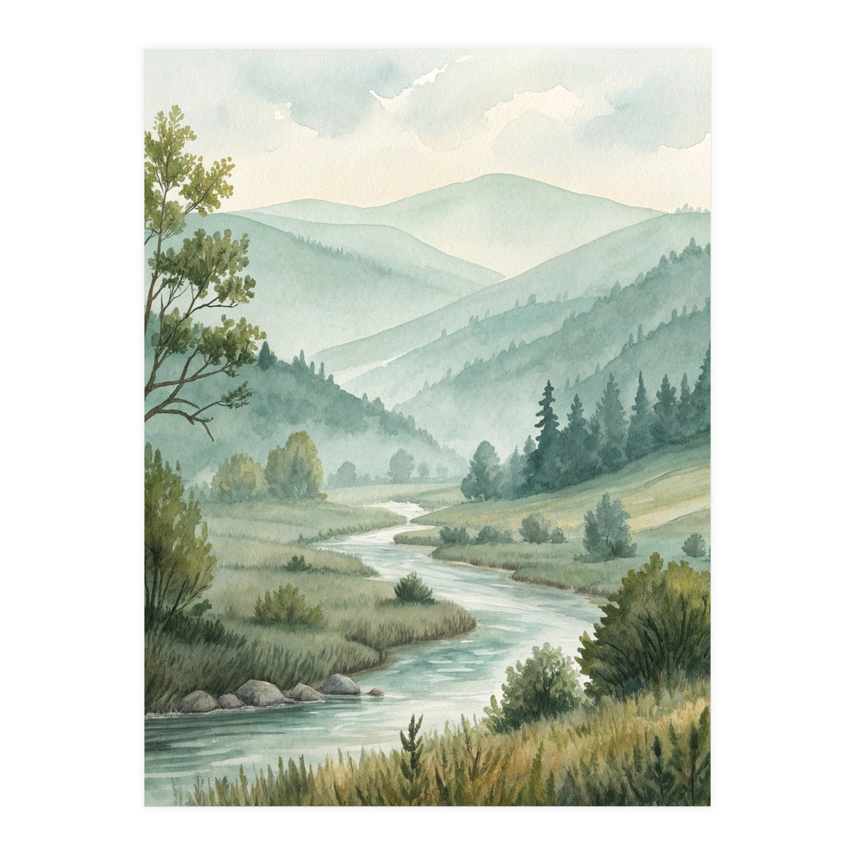Serene River Valley in Soft Watercolor (Print Only)