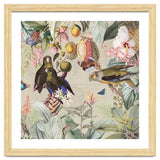 Colorful Parrots And Butterflies In Flower And Fruit Tropical Jungle thumbnail