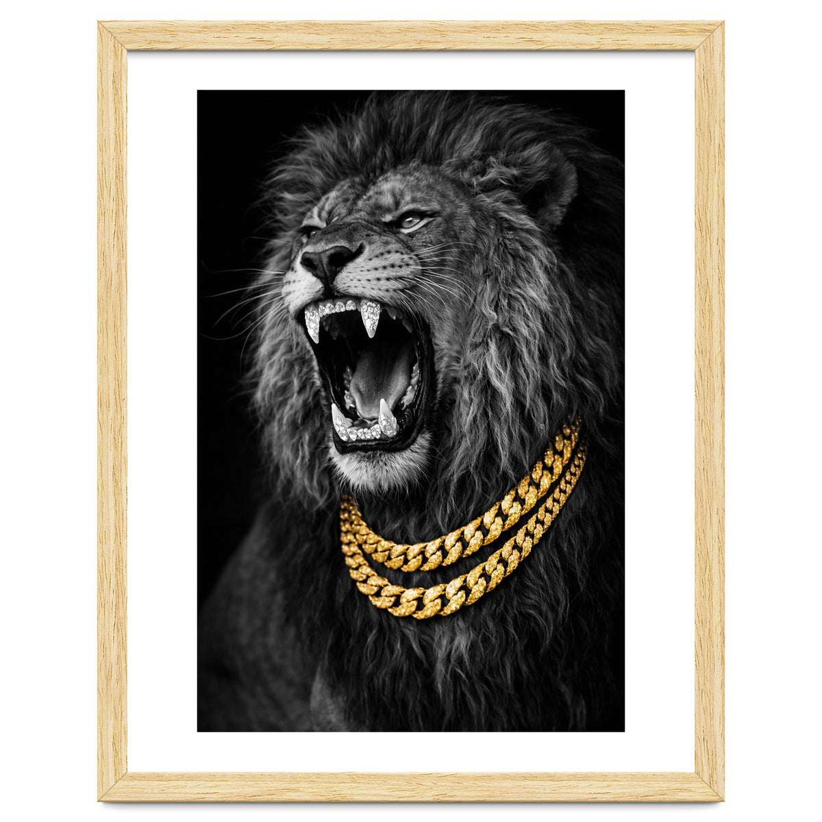 Bejweled hyper-realistic lion photography,diamond fangs portrait