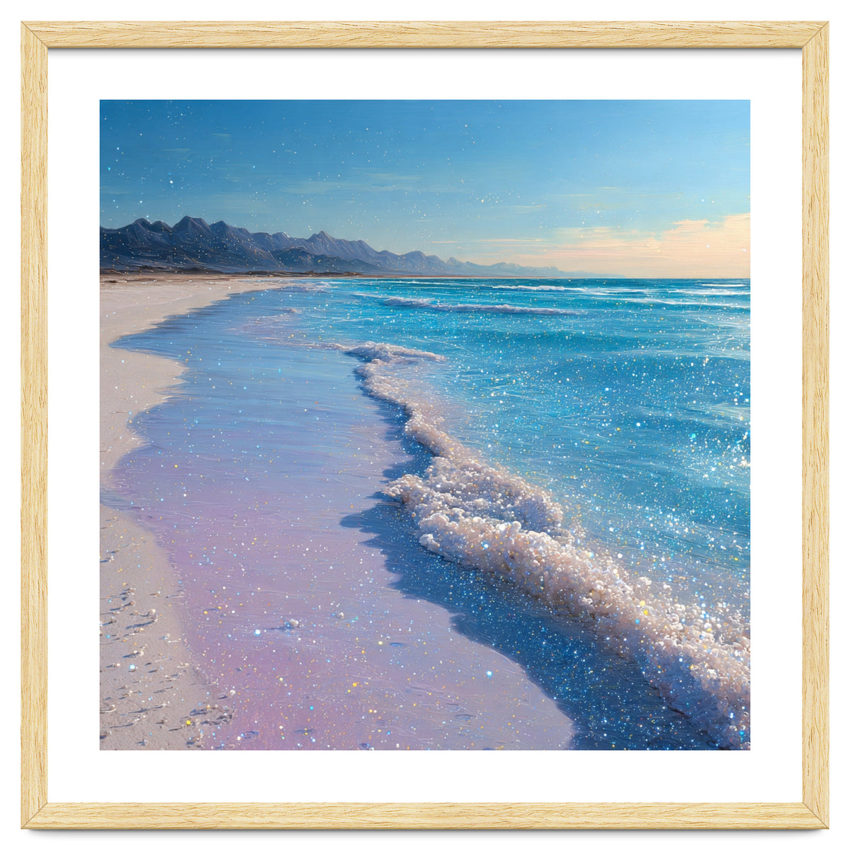 Sparkling Pastel Shoreline with Glittering Turquoise Waves