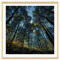 Celestial Forest Canopy with Swirling Golden Fireflies and Deep Twilight Blue Sky Digital Art