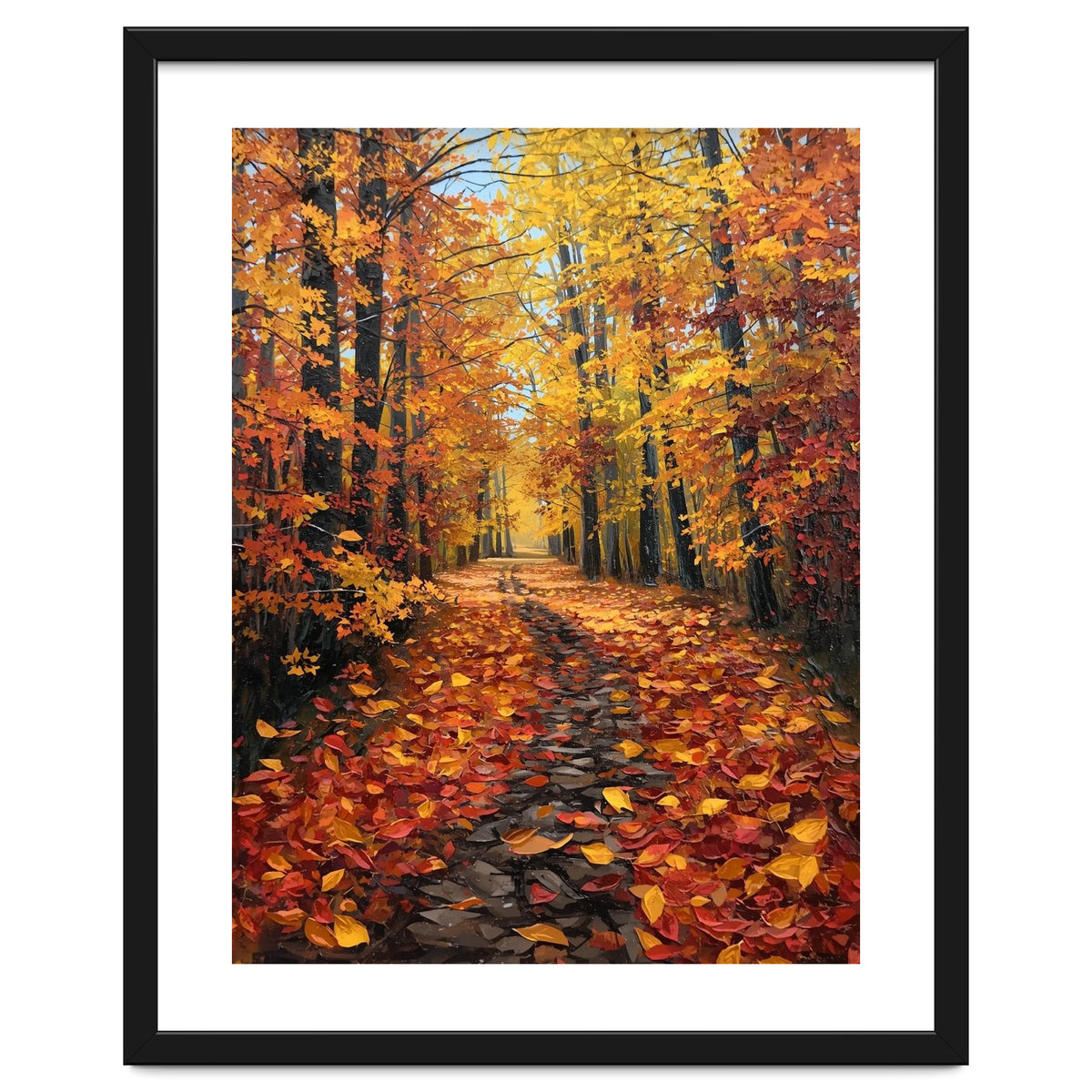 Sun-Drenched Golden Forest Path with Vibrant Autumn Foliage