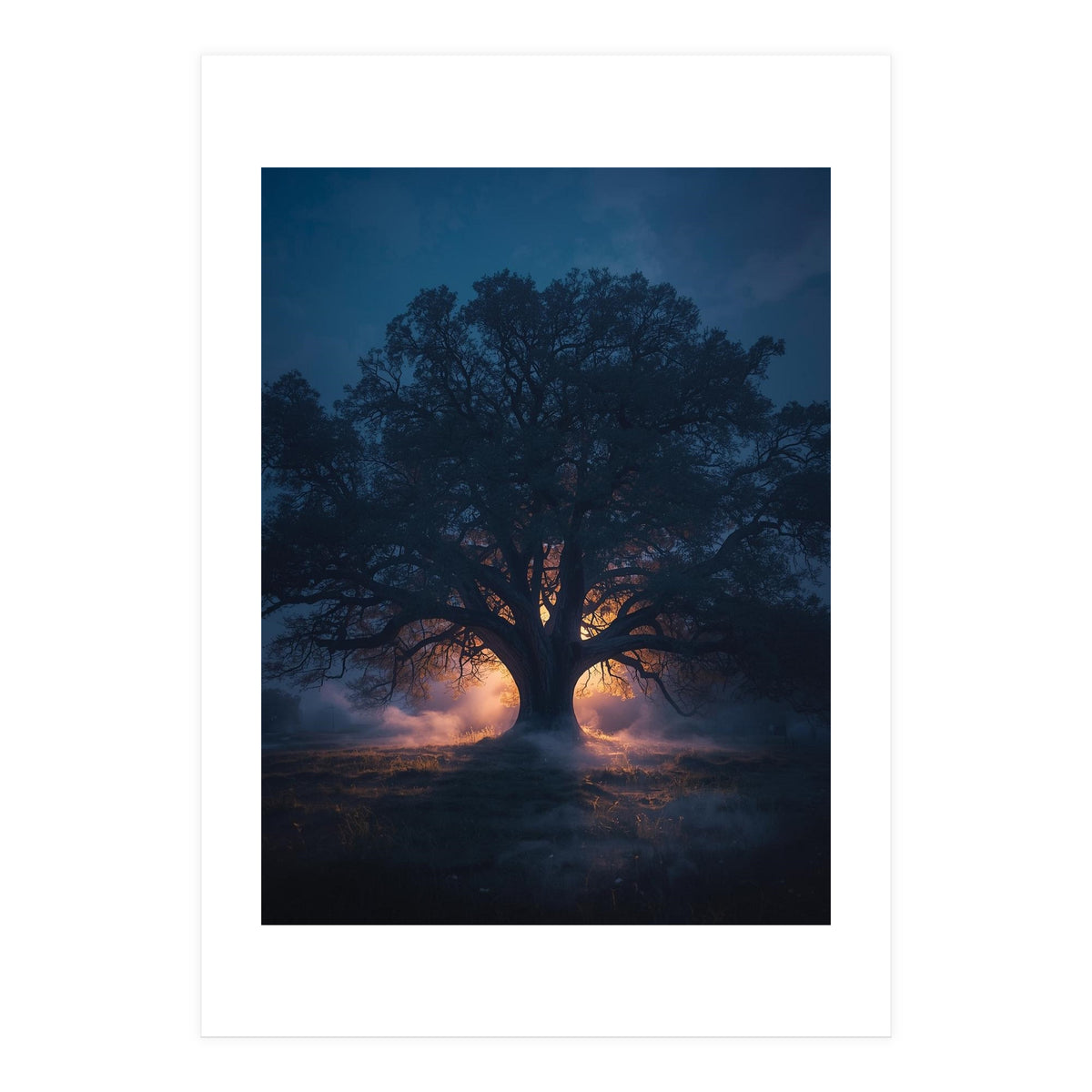 Ancient Mystical Oak Silhouette at Twilight with Ethereal Wisps (Print Only)