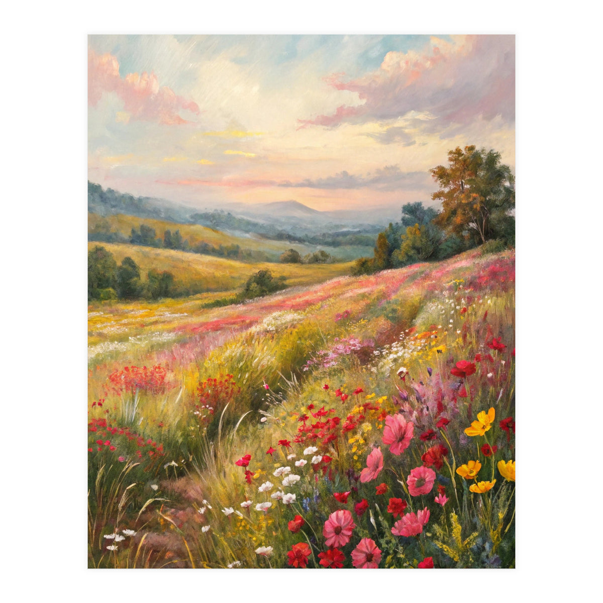 Serene Wildflower Meadow at Sunset Oil Painting (Print Only)