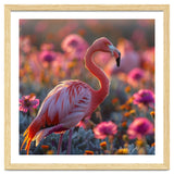 Pink Flamingo Standing In A Field Of Flowers thumbnail