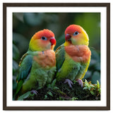 Lovebirds Perched Together On Mossy Branch thumbnail