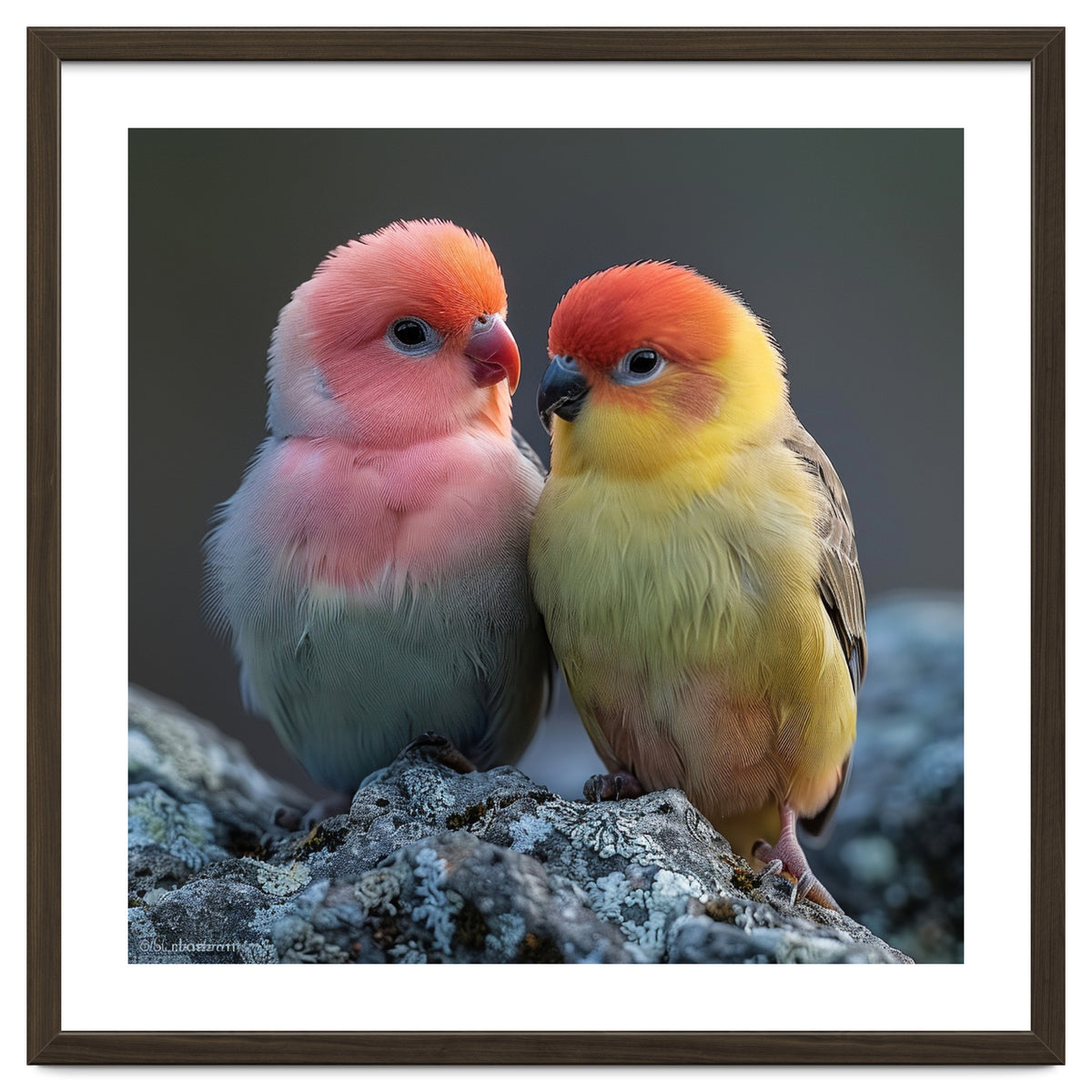 Pair Of Lovebirds Sitting On Rocks