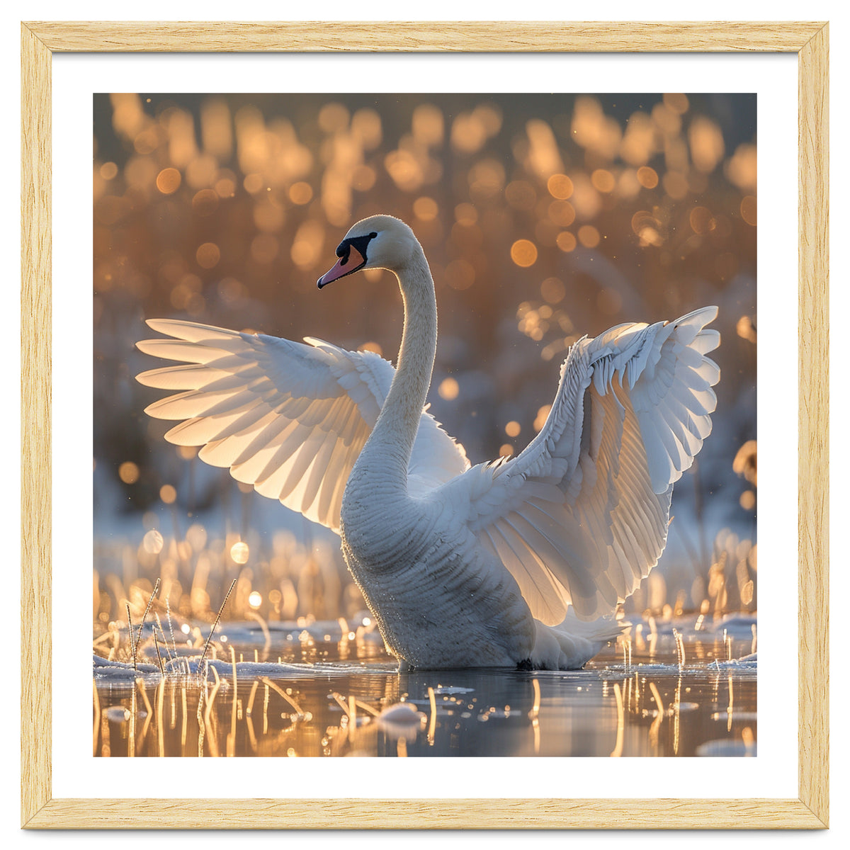 Swan Spreading Wings In Water Sunlight