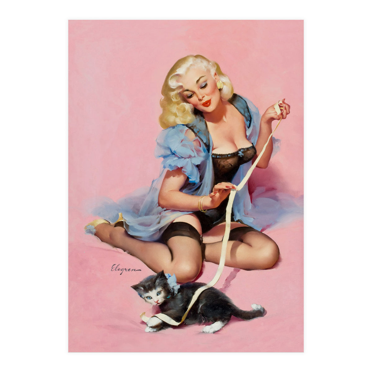Sexy Pinup Girl Playing With Her Cat (Print Only)