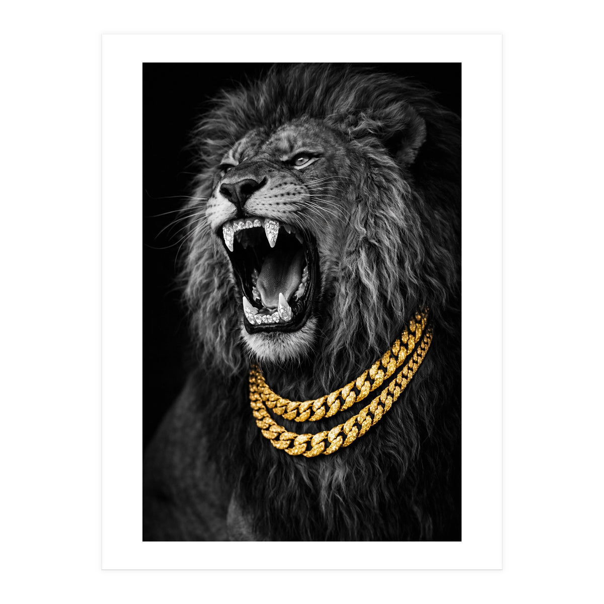 Bejweled hyper-realistic lion photography,diamond fangs portrait (Print Only)