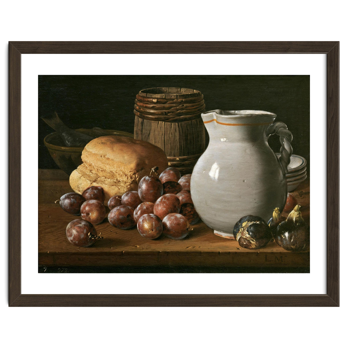 Luis Egidio Meléndez / 'Still Life with Plums, Figs, Bread and Fish', 18th century, Spanish School.