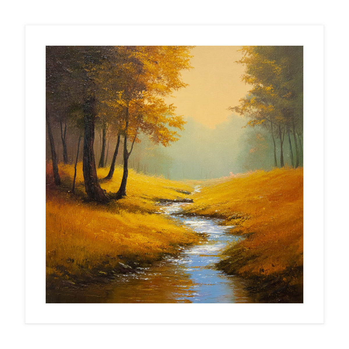 Golden Autumn Forest Path with Winding Creek (Print Only)