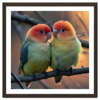 Two Lovebirds Perched On A Branch At Sunset
