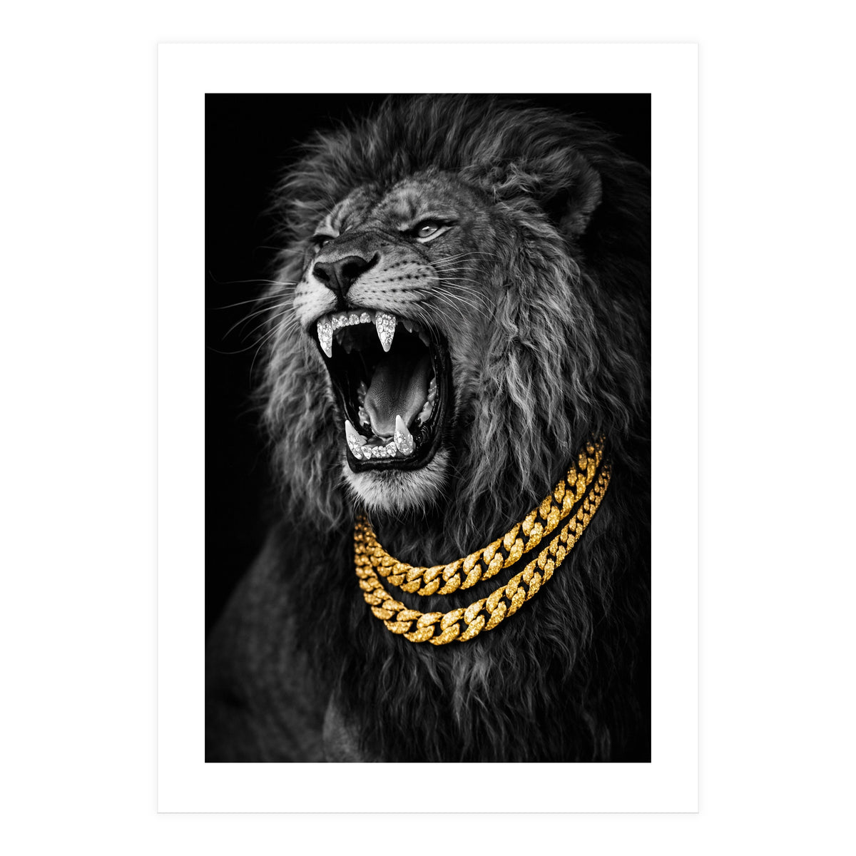 Bejweled hyper-realistic lion photography,diamond fangs portrait (Print Only)