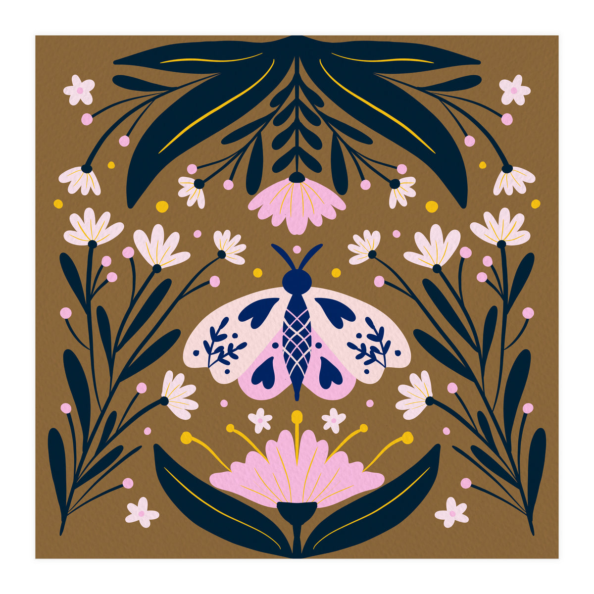 Pink Moth with Flowers on a brown background (Print Only)